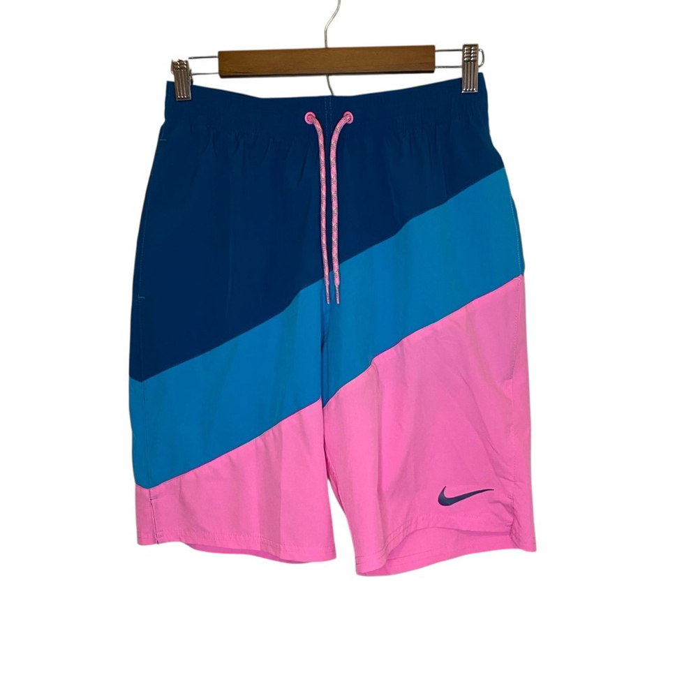 Nike Men’s Swim Trunks Small Pink Blue Lined Drawstring Colorblock Summer Beach
